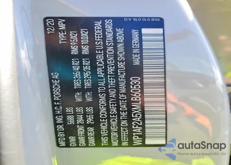 2021 Porsche Macan Turbo z USA, uszkodzony, nr VIN WP1AF2A5XMLB60530